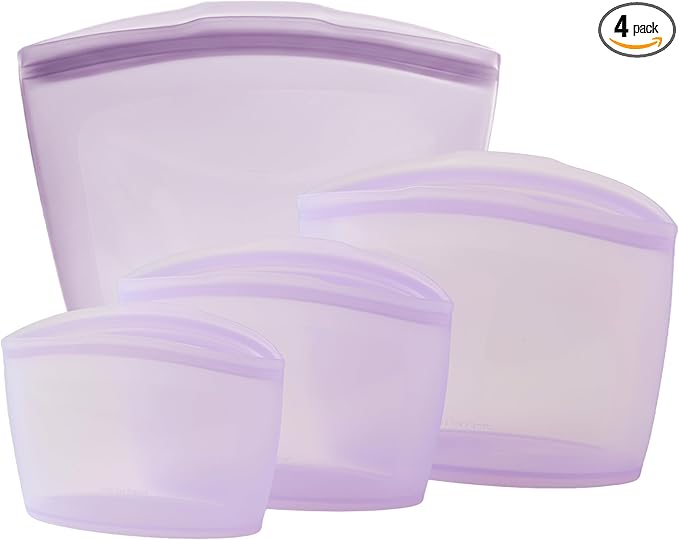 Blue Ginkgo Reusable Silicone Storage Bags – 4-Pack | Korean-Made Stand Up Food, Freezer Bags - Lavender