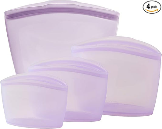 Blue Ginkgo Reusable Silicone Storage Bags – 4-Pack | Korean-Made Stand Up Food, Freezer Bags - Lavender