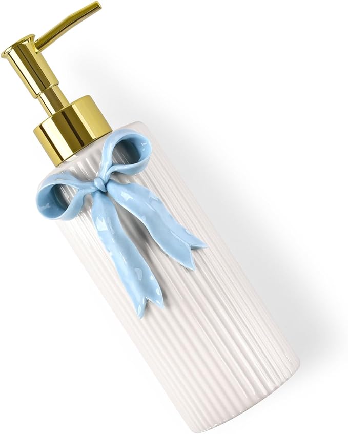 Handmade Ceramic Bow Soap Pump Dispenser Hand Lotion Liquid Dispenser Refillable for Kitchen and Bathroom Decorative (Ribbon Blue)