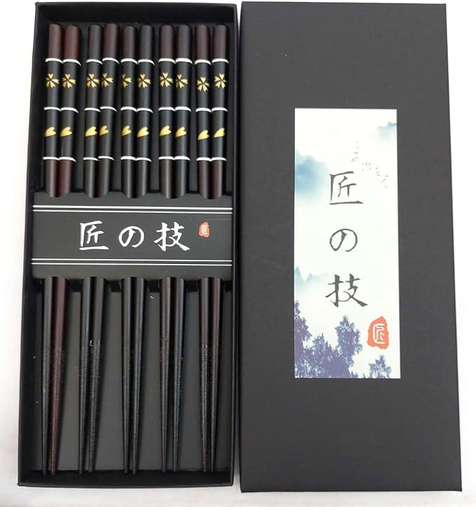 JapanBargain 4507, Bamboo Chopsticks Reusable Japanese Chinese Korean Wood Chop Sticks Hair Sticks 5 Pair Gift Boxed Set Dishwasher Safe, 9 inch (Gold-CherryBlossom)