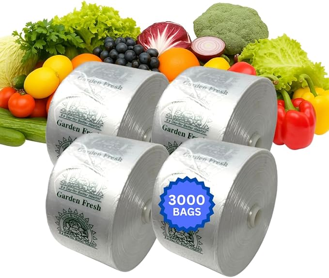 Clear Produce Bags Roll - 3000 bags - 15"x20" – (4 Rolls, 8 Microns) – for Grocery, Small Business, Reusable Produce Use, Food & Storage Needs, Garden Fresh, Narrow Profile, Kitchen Use