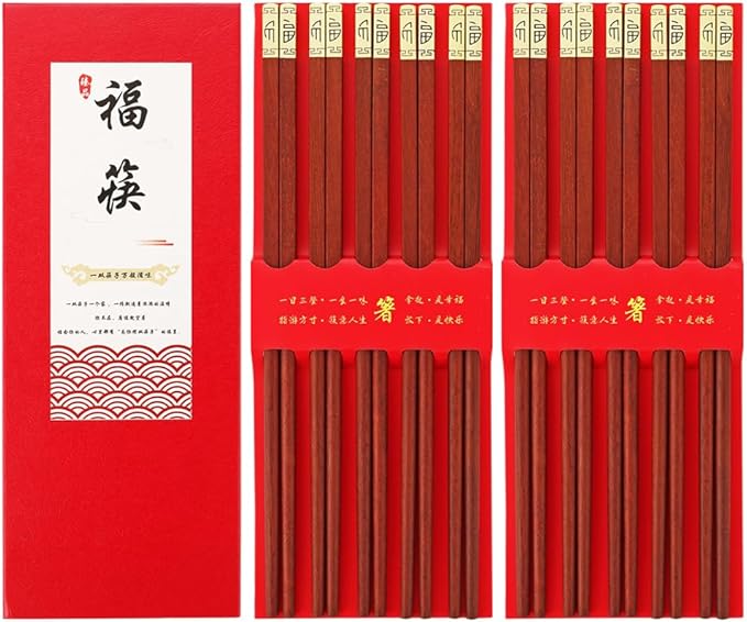 sandalwood chopsticks, 10 pairs of wooden chopsticks gift box, Chinese, Japanese, reusable wooden chopsticks, dishwasher-safe chopsticks (9.8 inches)，Chinese New Year Gift Box (Chinese 福)