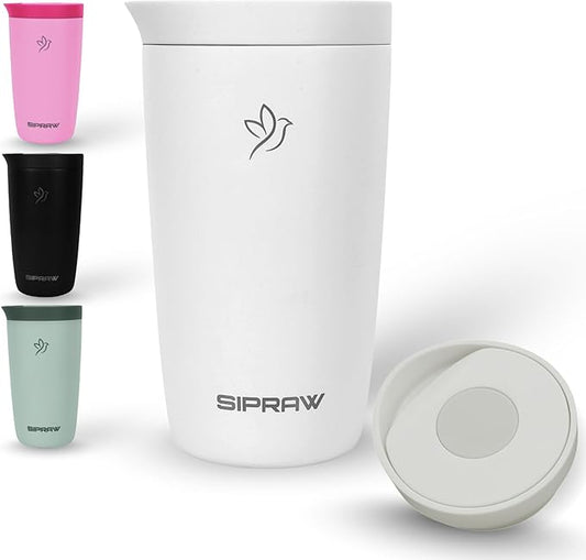 Travel Coffee Mug Tumbler, Reusable Iced Coffee Hot Coffee Cup, Double Wall Insulated Thermal Stainless Steel Material, Gift for Women Men, Perfect for Camping Travelling, 12 oz, White smoke