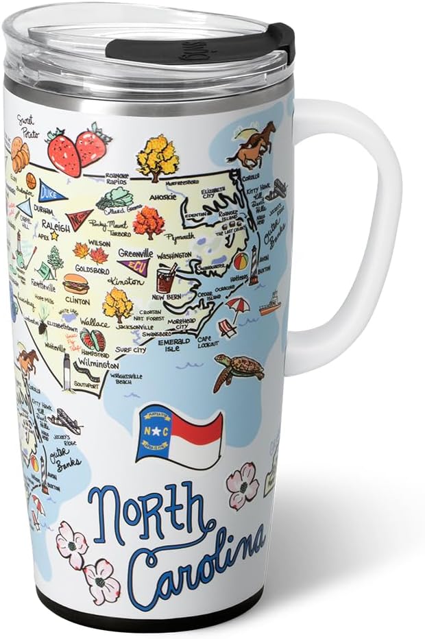 Swig Life 22oz Travel Mug, Insulated Tumbler with Handle and Lid, Travel Coffee Mug, Cup Holder Friendly, Stainless Steel 22 oz Tumbler, Reusable Insulated with Lid (North Carolina)
