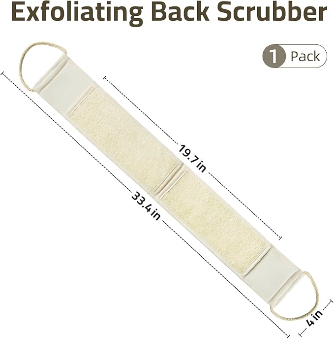 Natural Loofah Back Scrubber, Double-Sided Exfoliating Body Scrubber with Handy Strap for Deep Cleaning, Durable Bath Shower Luffa Sponges for Men and Women (Beige)
