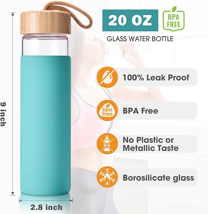 20 Oz Borosilicate Glass Water Bottles with Silicone Sleeve BPA Free, Dishwasher Safe - Reusable Clear Glass Drinking with Leak Proof Bamboo Lid | Perfect Gym Water Bottles for Men & Women