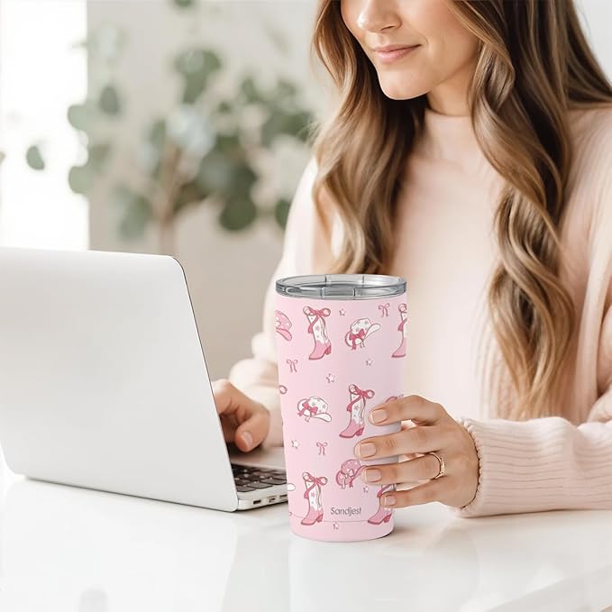 SANDJEST Cowgirl Tumbler 20oz, Stainless Steel Travel Cup with Lid, Insulated Coffee Mug, Cowgirl Gifts for Women Girls Friends Sisters on Birthday Christmas (Pink)