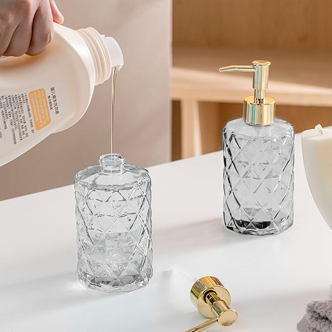 Clear Glass Soap Dispenser with Gold Plastic Pump, 2 Pack 12oz Diamond Hand Soap Dispenser, Refillable Lotion Dispenser & Dish Bathroom Dispenser for Liquid, Shower Gel