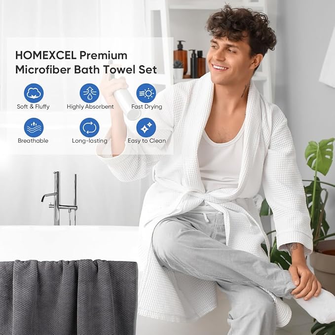 HOMEXCEL Bath Towel Set Pack of 4, 30 x 60 Inches Large Microfiber Bath Towels, Soft, Absorbent, and Quick Dry Towels for Bathroom, Pool, Beach, Swim, and Yoga, Large Bathroom Towels, Grey