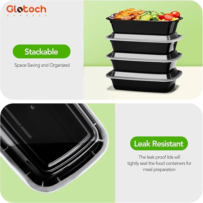 Glotoch Meal Prep Containers Reusable with Lids, 24oz 10 Pack (20-Piece) Food Storage Containers Microwave,Freezer,Dishwasher Safe, Leakproof & BPA Free Durable Plastic Bento Box To Go Take Out