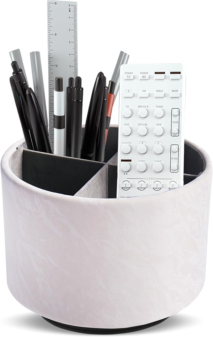 Hennaja Round Leather Art Supply Organizer,Remote Control Holder,360 Degree Spinning,Multi-Functional Pencil Holder,4 Compartments Desktop Stationary Organizer(1-Hill White)