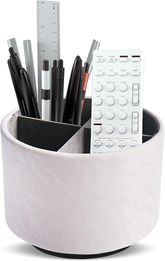 Hennaja Round Leather Art Supply Organizer,Remote Control Holder,360 Degree Spinning,Multi-Functional Pencil Holder,4 Compartments Desktop Stationary Organizer(1-Hill White)