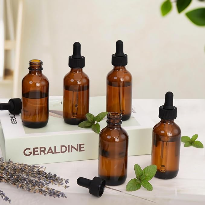 June Fox 2oz Glass Dropper Bottle, 80 Pack Amber Glass Bottles with Glass Droppers and Black cap for Essential Oils, Lab Chemicals, Perfumes