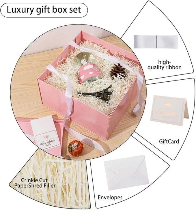 UoeRing 1Pcs Pink Extra Large gift box with lids 13×13×7 Inches gift boxes for presents,Birthday Box (include Ribbon, Paper Shred Filler Gift Card & Envelopes)