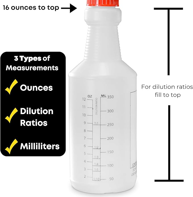 Commercial-Grade 16 oz Spray Bottles with Dilution Ratios, Ounces & Milliliters, Made in USA, Great for Cleaning, Essential Oils, Hair, Plants, BBQ (4-Pack)