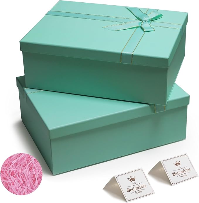 Green Gift Boxes with Lids for Presents, 2 Pack 13"x10"x5" Large Gift Boxes, Foldable Gift Wrap Boxes, Versatile Empty Gift Box for Birthday, Anniversaries, Weddings, Any Occasion