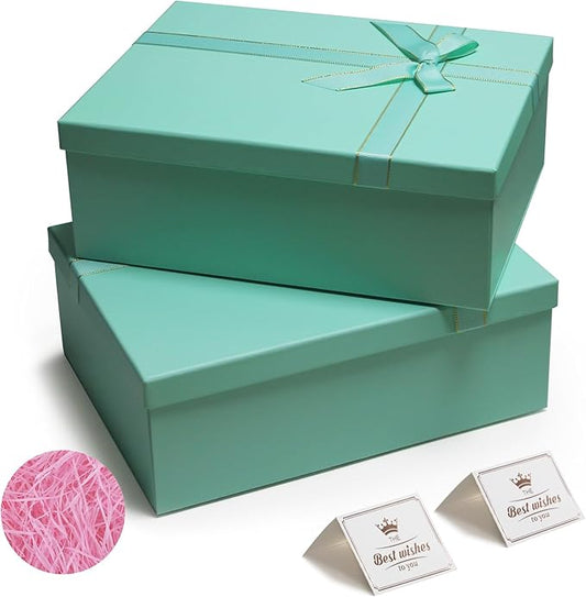 Green Gift Boxes with Lids for Presents, 2 Pack 13"x10"x5" Large Gift Boxes, Foldable Gift Wrap Boxes, Versatile Empty Gift Box for Birthday, Anniversaries, Weddings, Any Occasion