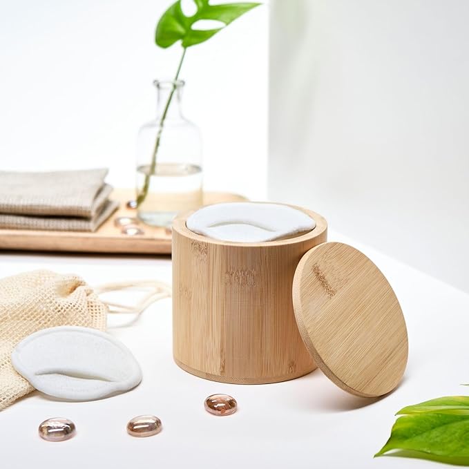 Glamlily Reusable Cotton Pads for Face Makeup Removal with Bamboo Holder and Mesh Storage Bag (White) 16 Pack