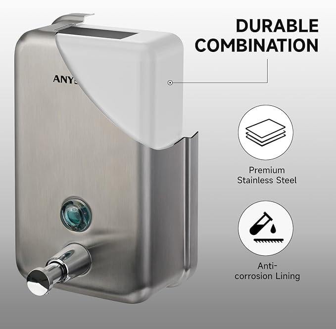 Commercial Soap Dispenser Wall Mount, Brushed Stianless Steel Finish Manual Soap Dispenser - 37oz (1100ml) Model 1003
