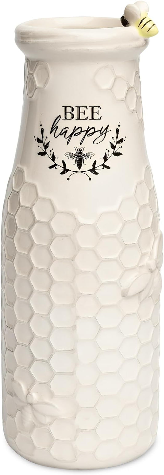 Young's Inc. Ceramic Flower Vase (Bee Happy) - White Ceramic Vase - Honeycomb Decor - 3" L x 3" W x 8" H Contains one Flower vase