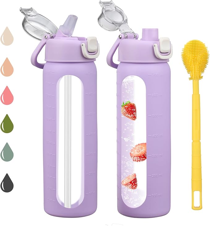 24 oz Glass Water Bottles with 2 Lids-Handle Spout Lid & Straw Lid, Motivational Water Bottle with Time Marker and Silicone Sleeve,Leakproof-Purple-1 Pack