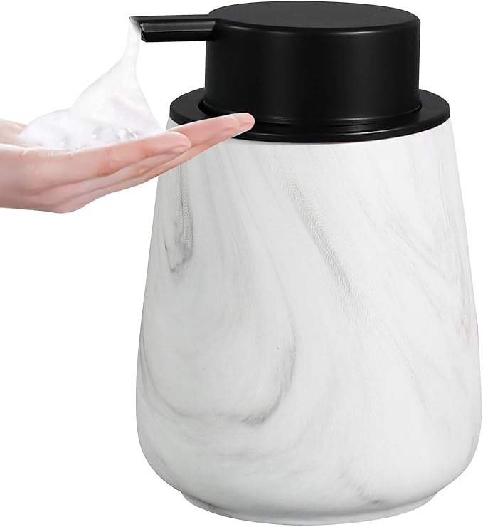 12Oz Foaming Hand Soap Dispenser - Ceramic Bathroom Foam Soap Dispenser with Easy-to-Press Black Pump, Refillable Lotion Hand Dispenser, Dish Soap Dispensers for Kitchen, Marble White