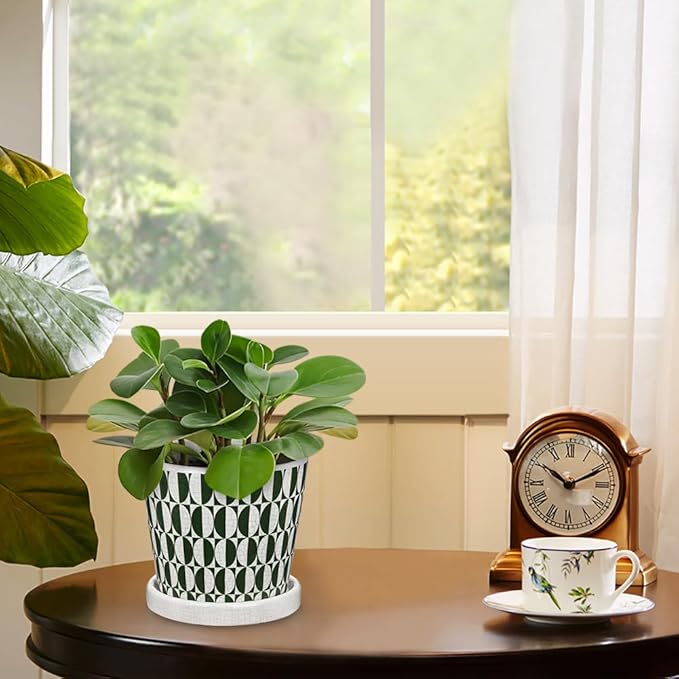 5.5 Inch Ceramic Plant Pot, Ice Crack Plant Pots with Drainage Hole and Saucer, Vintage Flowers Pot for Plants Indoor Outdoor Home Patio Office Decor (Green)