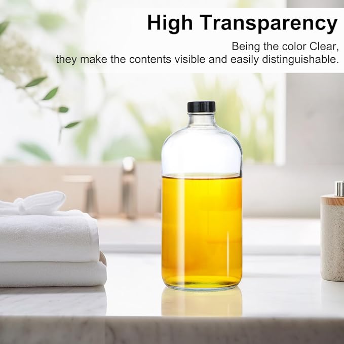 4 Pack 32 oz Clear Boston Round Glass Bottles with Black Caps for Secondary Kombucha Fermentation and Lab Chemicals (1 Funnel and 10 Pieces Black Chalkboard Labels Included)