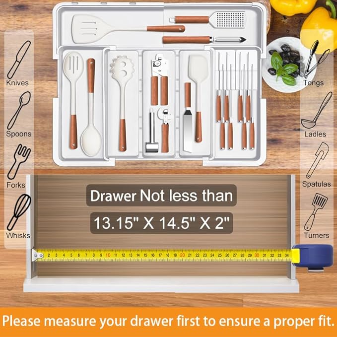 Kitchen Drawer Organizer Large Expandable Silverware Organizer, Utensil Holder and Flatware Tray, Kitchen Spatula Tools and Gadgets Storage with Removable Knife Blocks and 3 Dividers, White