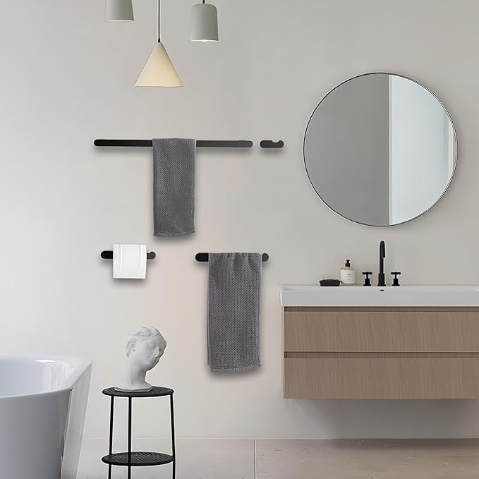 Bathroom Hardware Set, 4-Piece Towel Rack Towel Bar Towel Holder Toilet Paper Holder Towel Hooks Wall Mounted Bath Towel Bars Matte Black Stainless Steel Bathroom Accessories Set, 16 inch