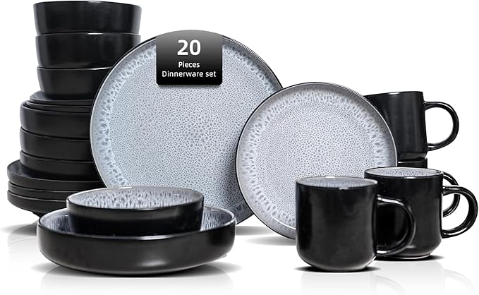 HomeVss 20-Piece Dinnerware Set - Serves 4, Reactive Glaze Bubble Frost Plates & Bowls Set | Microwave & Dishwasher Safe Dishes Set