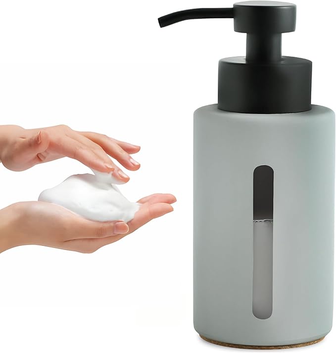Enra Foaming Soap Dispenser with Clear Window,12oz Bathroom Soap Dispenser with Stainless Steel Pump, Modern Thick Glass Refillable Pump Bottle for Bathroom Kitchen(Light Gray Foam Dispenser)