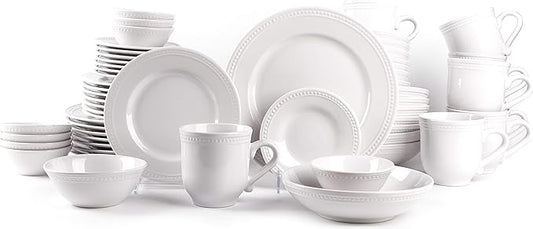 Pearl Dots Stoneware Dinnerware Set (56pc Set, White)