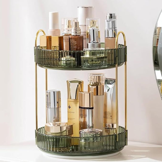 360° Rotating Makeup Organizer – 2-Tier Spinning Cosmetic Holder for Vanity, Countertop, Bathroom & Dresser – Perfume, Skincare & Cosmetic Care Organizer (Clear Green, 2 Tier)