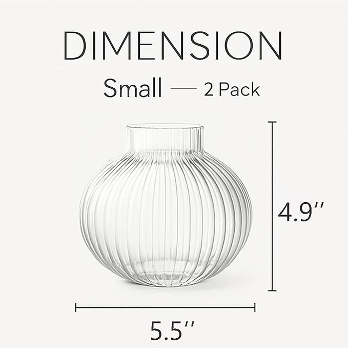 Round Glass Vases, Set of 2 Small Vases for Flowers, Clear Glass Vase for Tulips, Modern Vase for Living Room, Office, Coffee Table, Shelf, Wedding, 5 Inches