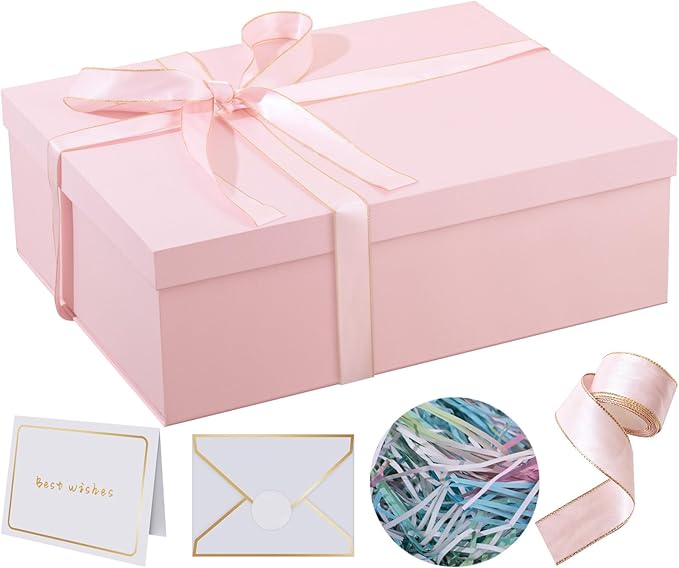 Rinrda Extra Large Gift Box 16.5x13x5.5 inches,Pink Gift Boxes with Lids for Presents,Perfect for Birthday,Valentine's Day,Christmas,Anniversaries,Contains Card,Ribbon,Shredded Paper Filler.