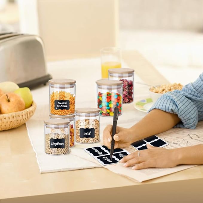 Glass Jars 9OZ, 12 Set with Bamboo Airtight Lids and Labels, Food Cereal Storage Large Spice Containers for Home Kitchen Tea Coffee Flour Herbs Grains