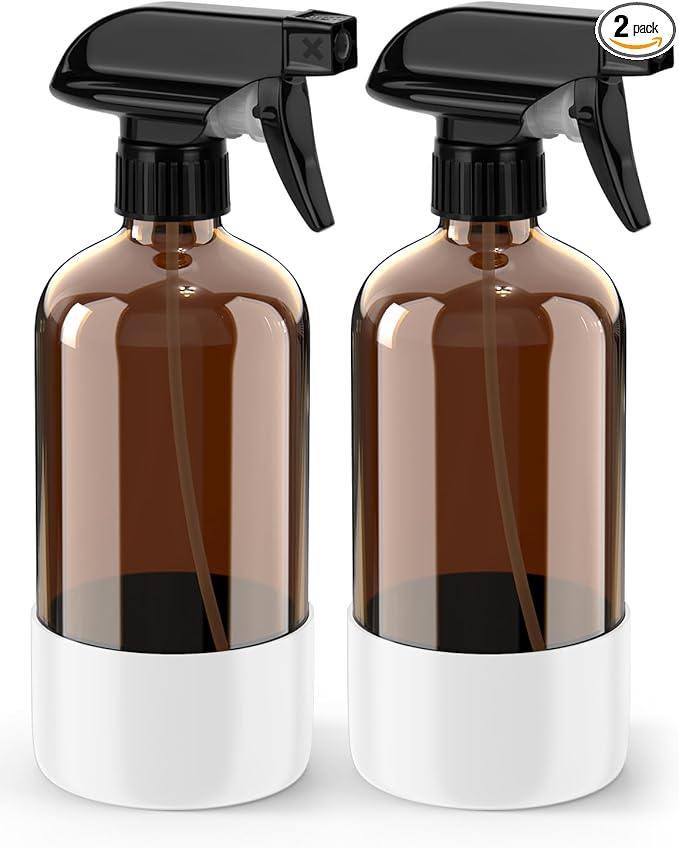Glass Spray Bottle with Silicone Sleeve Protection, Amber Glass Spray Bottle Set for Window Cleaner Aromatherapy Facial Hydration Watering Flowers Hair Care 2 Pack/16 oz (White, 16 oz)
