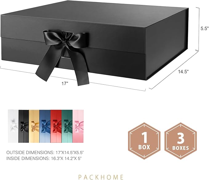 PACKHOME 17x14.5x5.5 Inches, 3 Extra Large Gift Boxes with Lids, Magnetic Closure Boxes with Ribbon for Clothes and Large Gifts (Glossy Black)