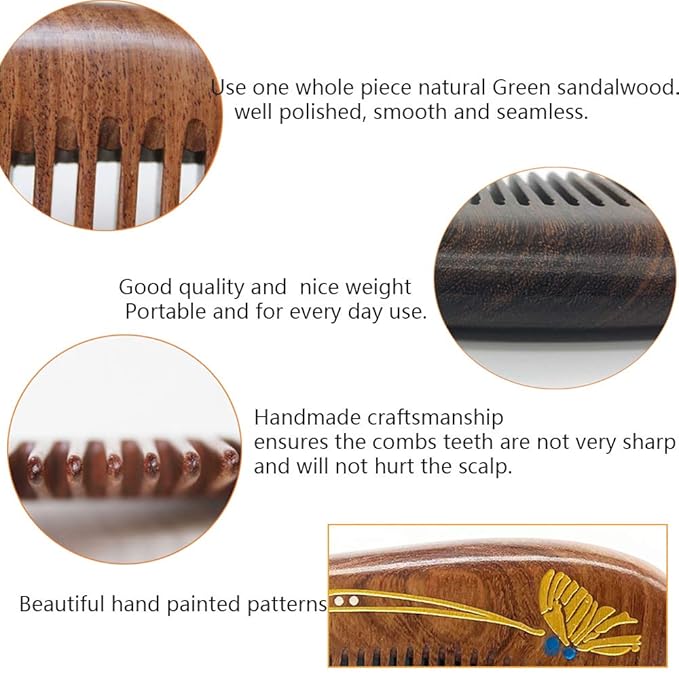 Wooden Comb, Natural Handmade Comb, Fine Teeth Sandalwood Comb for Wavy,Thick,Thin,hair, Straight hair, No Static No Snag Reduce Tangle Combs for Men Women Kids,Wooden Hair Comb with Handle