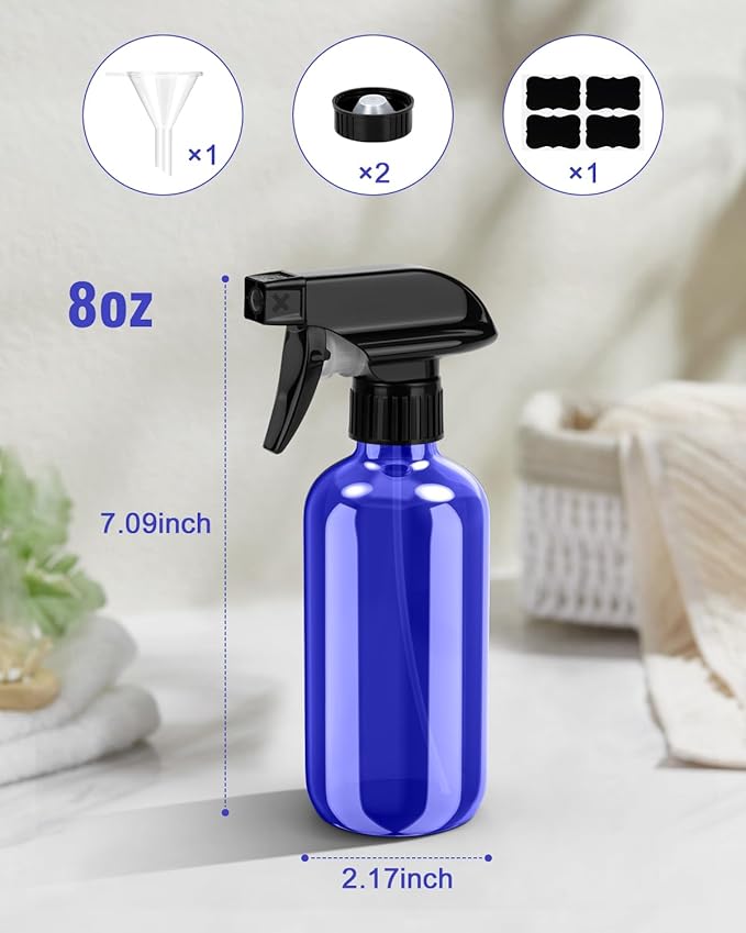 Glass Spray Bottle, Blue Glass Spray Bottle Set & Accessories Refillable for Plants Window Cleaners Aromatherapy Facial Hydration Watering Flowers Hair Care (2 Pack/8 oz) (Blue)