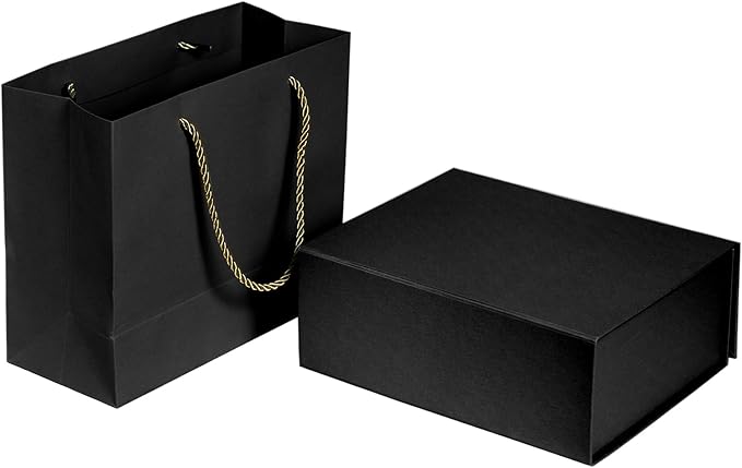 Elegant Gift Boxes with Gift Bag for Presents with Lids Magnetic Closure Rectangle Collapsible for Christmas, Valentine's Day, Birthday Gift Packging (Black)