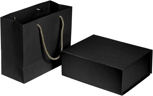 Elegant Gift Boxes with Gift Bag for Presents with Lids Magnetic Closure Rectangle Collapsible for Christmas, Valentine's Day, Birthday Gift Packging (Black)