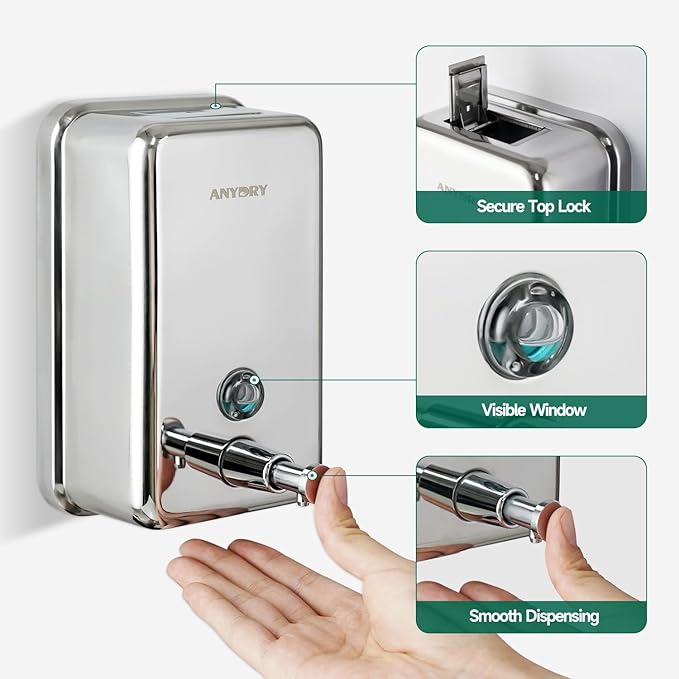 Commercial-Grade Manual Soap Dispenser, Durable Polished Stainless Steel Finish, 37oz (1100ml), Wall-Mounted for Bathroom & Kitchen