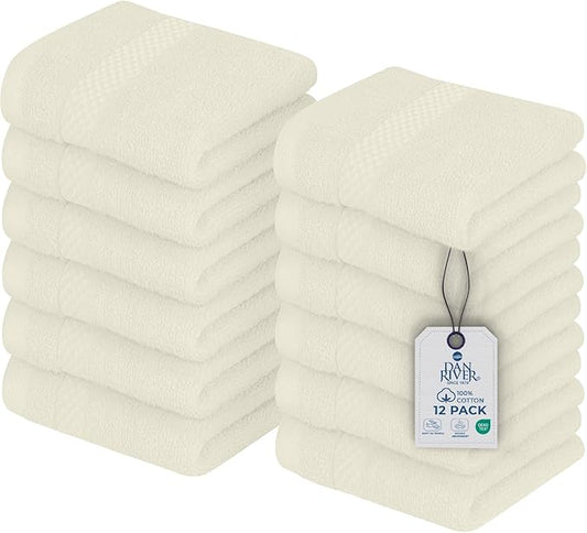DAN RIVER 12-Pack Premium 100% Cotton Ivory Face Towels – Reusable Face Towel Set, Soft & Absorbent Washcloths for Bathroom & Body – Hand and Face Towels, 550 GSM (12x12 in)