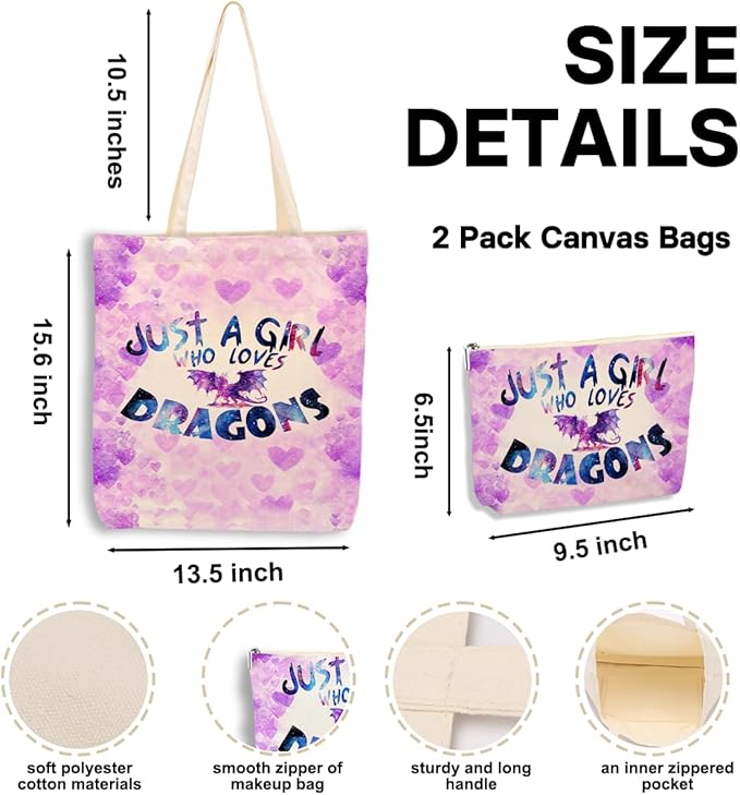 jeilink A Girl Loves Dragons Dragon Gifts Dragon Stuff Decor Canvas Tote Bag Makeup Bag Gifts for Women Girls Sister Friend Birthday Friendship Christmas Weekender Beach Shopping Bags for Work Office