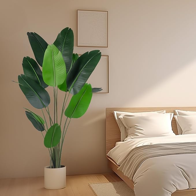 Artificial Bird of Paradise Tree for Home Decor, Fake Plants Areca Palm Tree Fake Silk Banana Leaf Tropical Trees Faux Tropical Palm Potted Dypsis Lutescens for Home Office Decor Housewarming