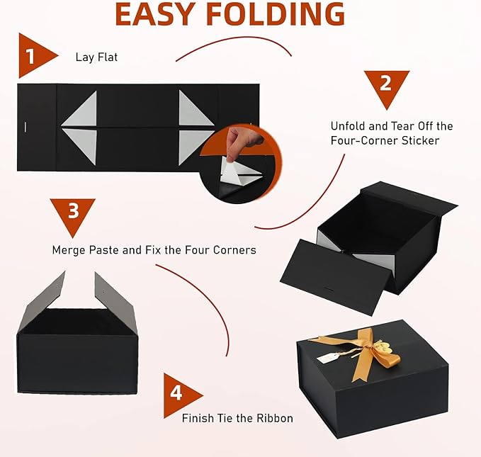 Gift Boxes with Lids 6 Pack, 9x9x3 Inch Large Black Gift Box with Ribbon Card Fancy Gift Wrap Boxes for Anniversary Groomsmen Proposal Weddings Boyfriend Father's Day