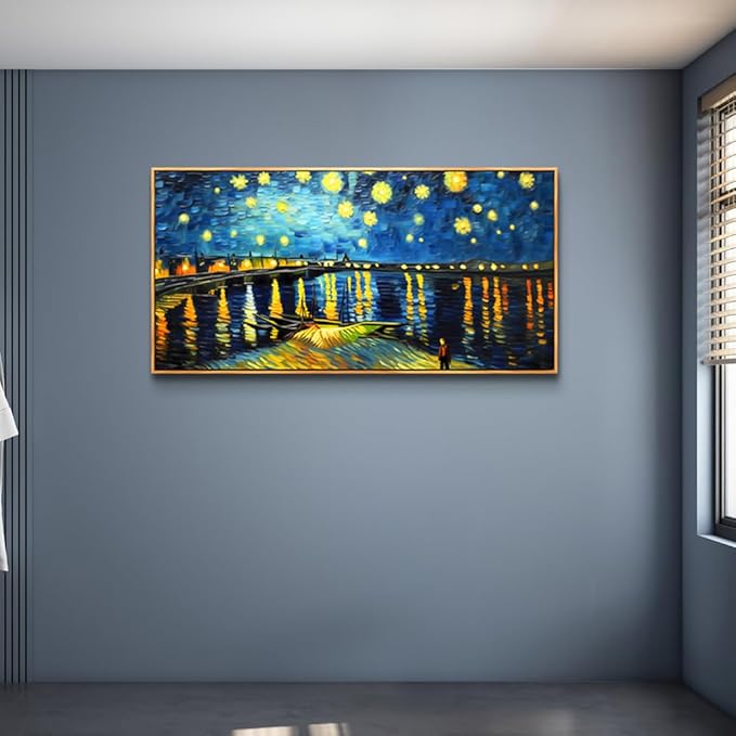 hyidecorart Large Size Canvas Wall Decor For Office Wood Framed Wall Art For Living Room Modern Bedroom Decorations Night Scene Wall Paintings Abstract Blue Vintage Pictures Artwork Home Decor