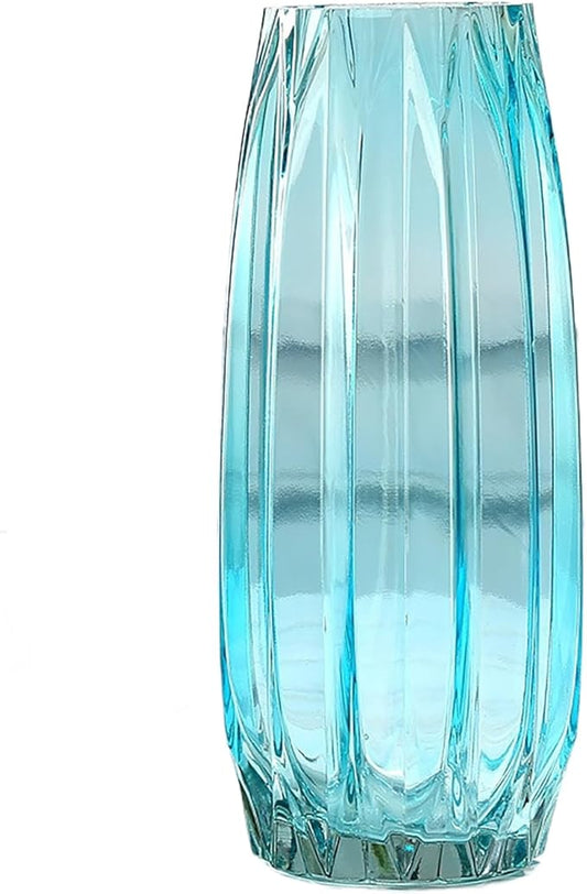 Modern Ribbed Blue Glass Vase for Flowers, Candles, and Decorative Accents - Tall/Short for Centerpieces and Table Decor (12.0inch)